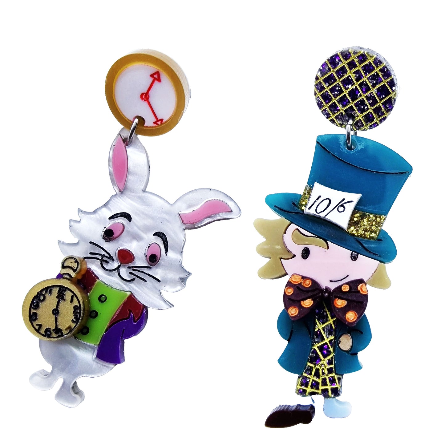 Orecchini pendenti asimmetrici Cappellaio Matto e Bianconiglio Wonderland-ARKYFLY-VIALESCARPE