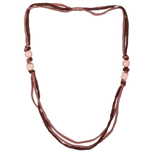 Collana fili seta riciclata, elementi legno