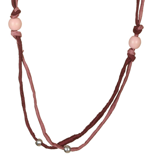 Collana fili seta riciclata, elementi legno