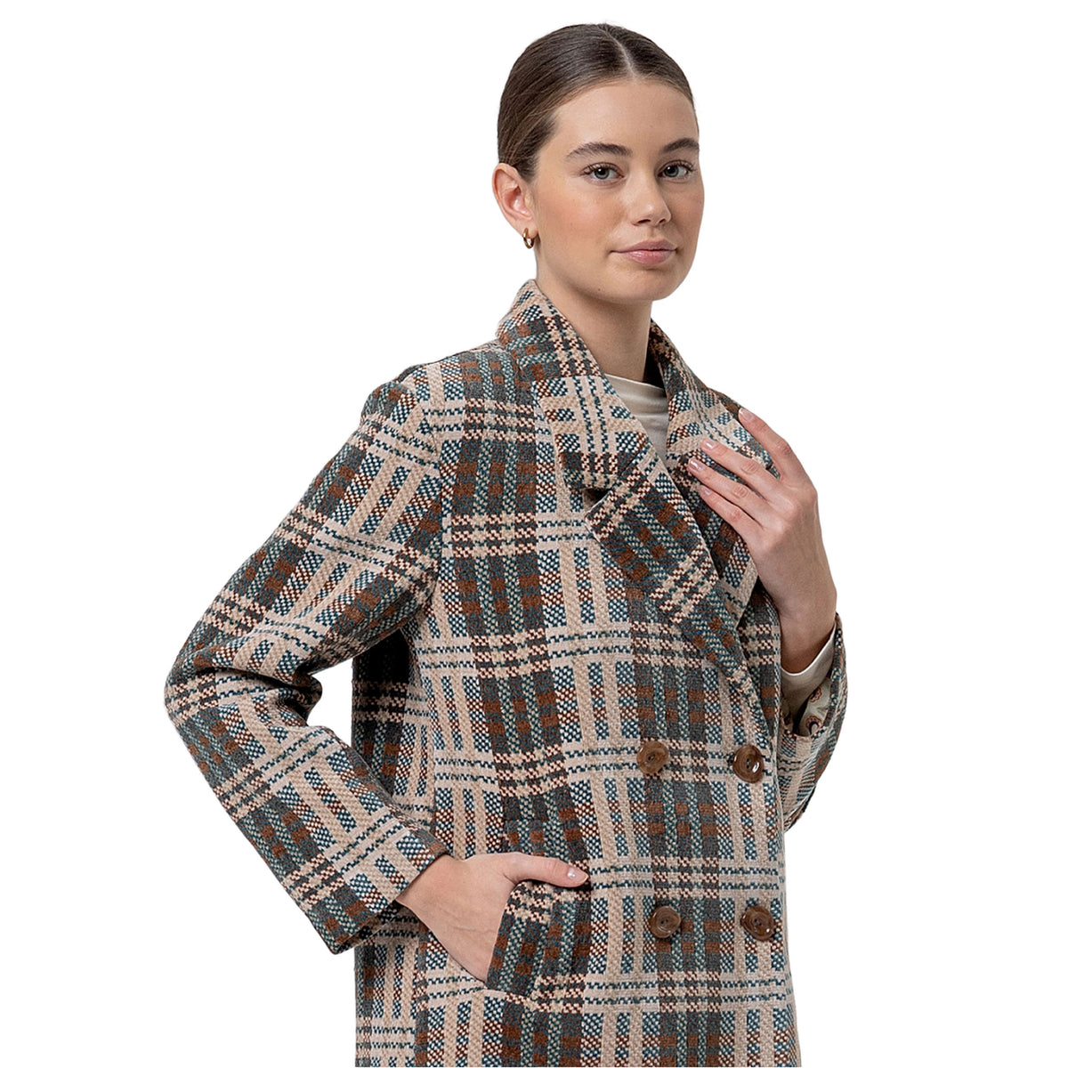 SURKANA Cappotto Midi Doppiopetto a Quadri Camel