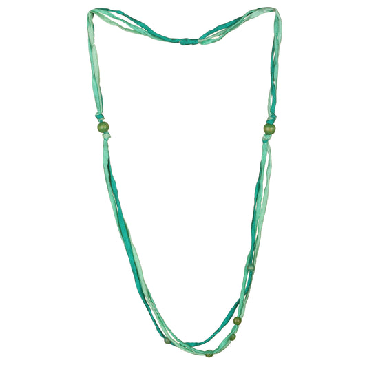 Collana fili seta riciclata, elementi legno e metallo