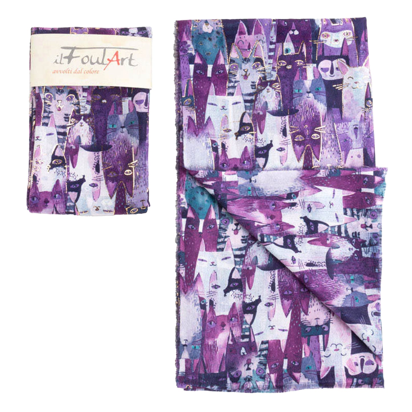 Scialle Scialle Stola FoulART Oro DoubleFace Gatti in Piedi Viola
