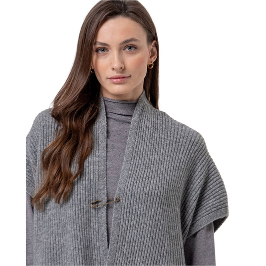 SURKANA Poncho in Maglia a Coste con Collo a Scialle Grigio Melange