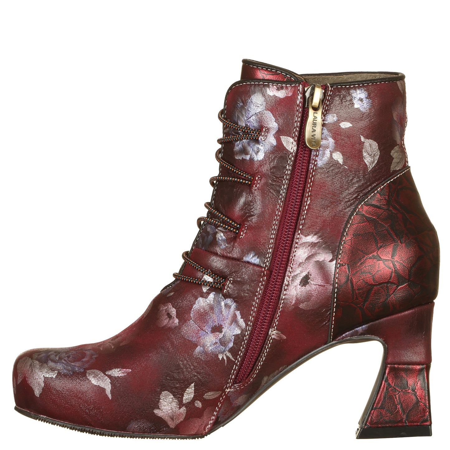LAURA VITA Ankle boots, pelle stampata con fiori e zip laterale