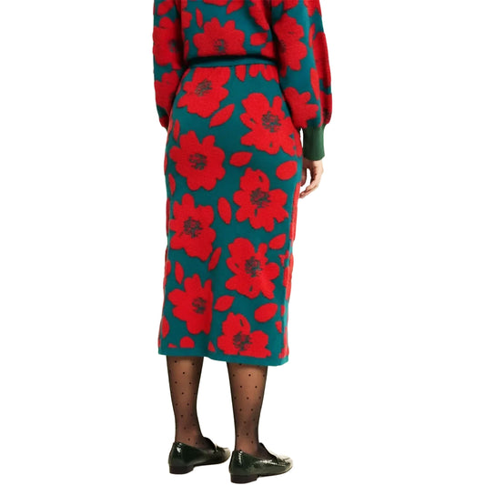 PEPALOVES Gonna in Maglia Jacquard Floreale Verde e Rosso