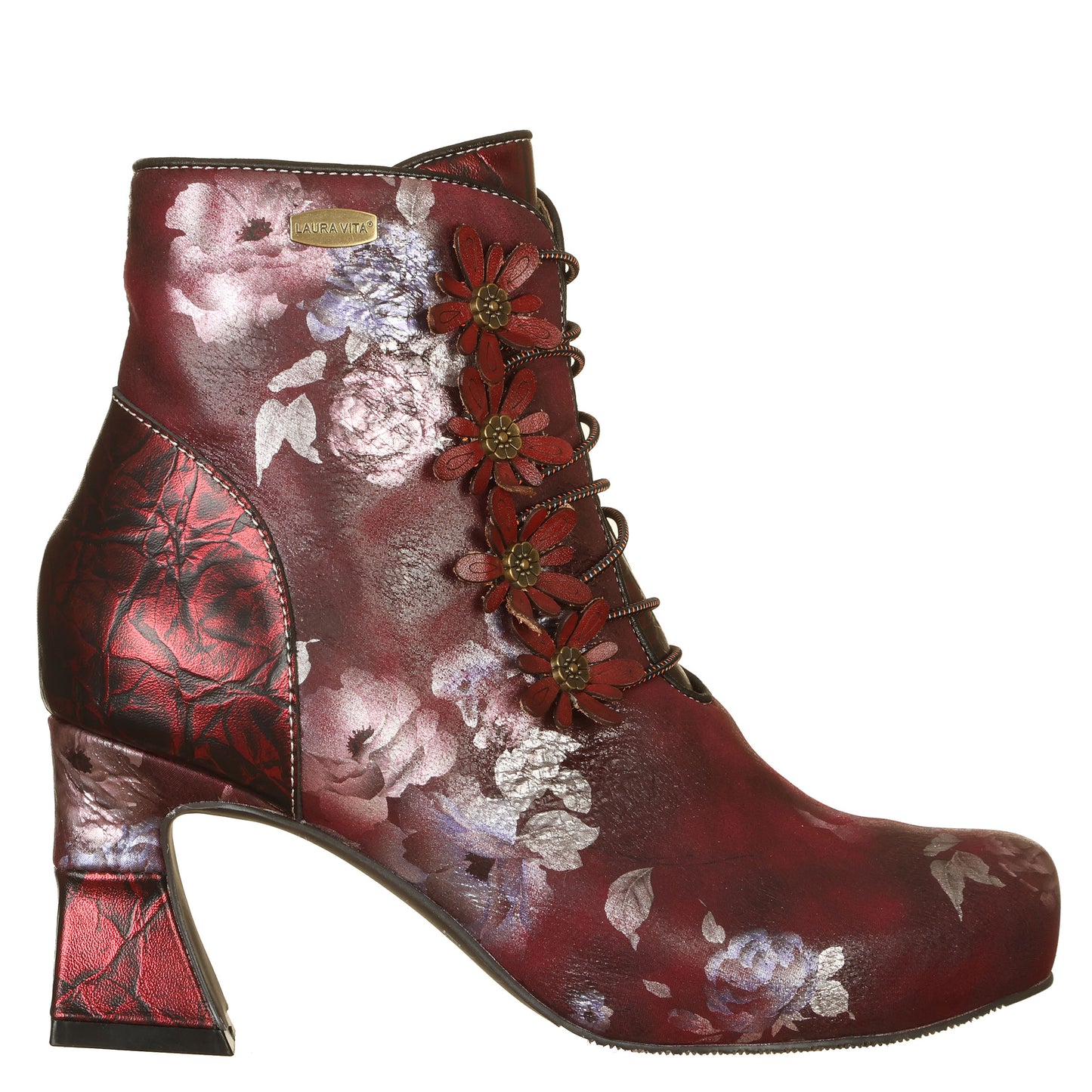 LAURA VITA Ankle boots, pelle stampata con fiori e zip laterale