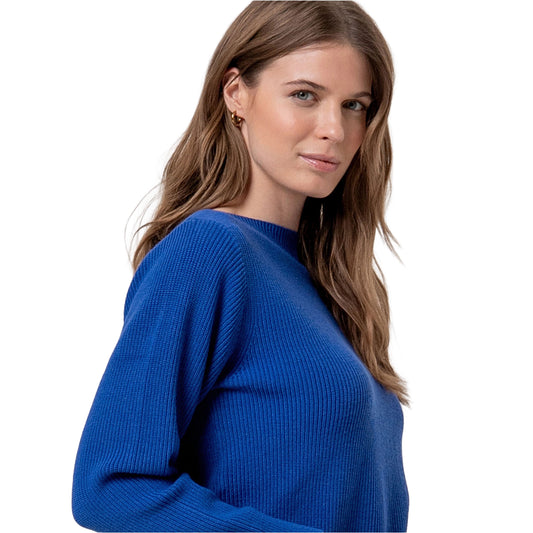 SURKANA Maglione a Collo Barca in Maglia a Coste Blu Cobalto