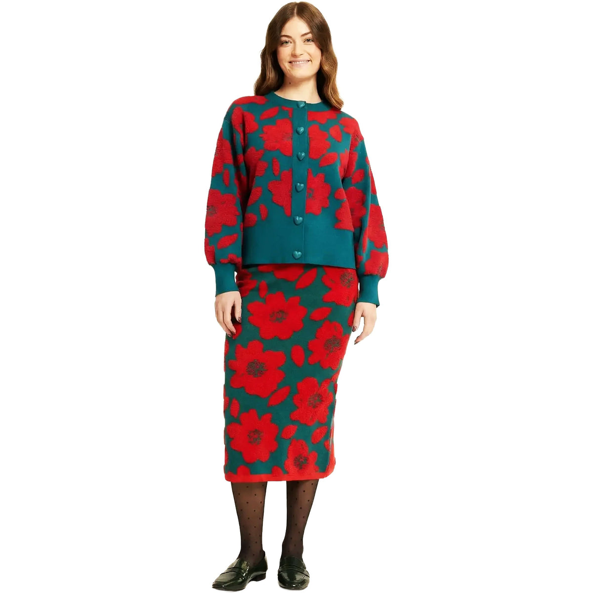 PEPALOVES Gonna in Maglia Jacquard Floreale Verde e Rosso