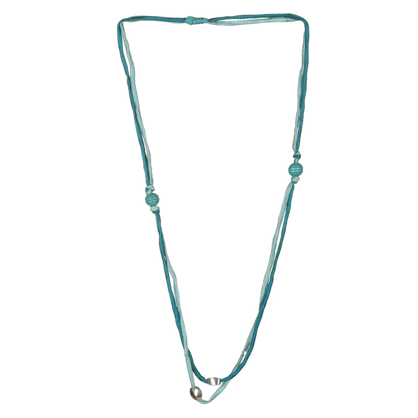 Collana fili seta riciclata, elementi legno e metallo