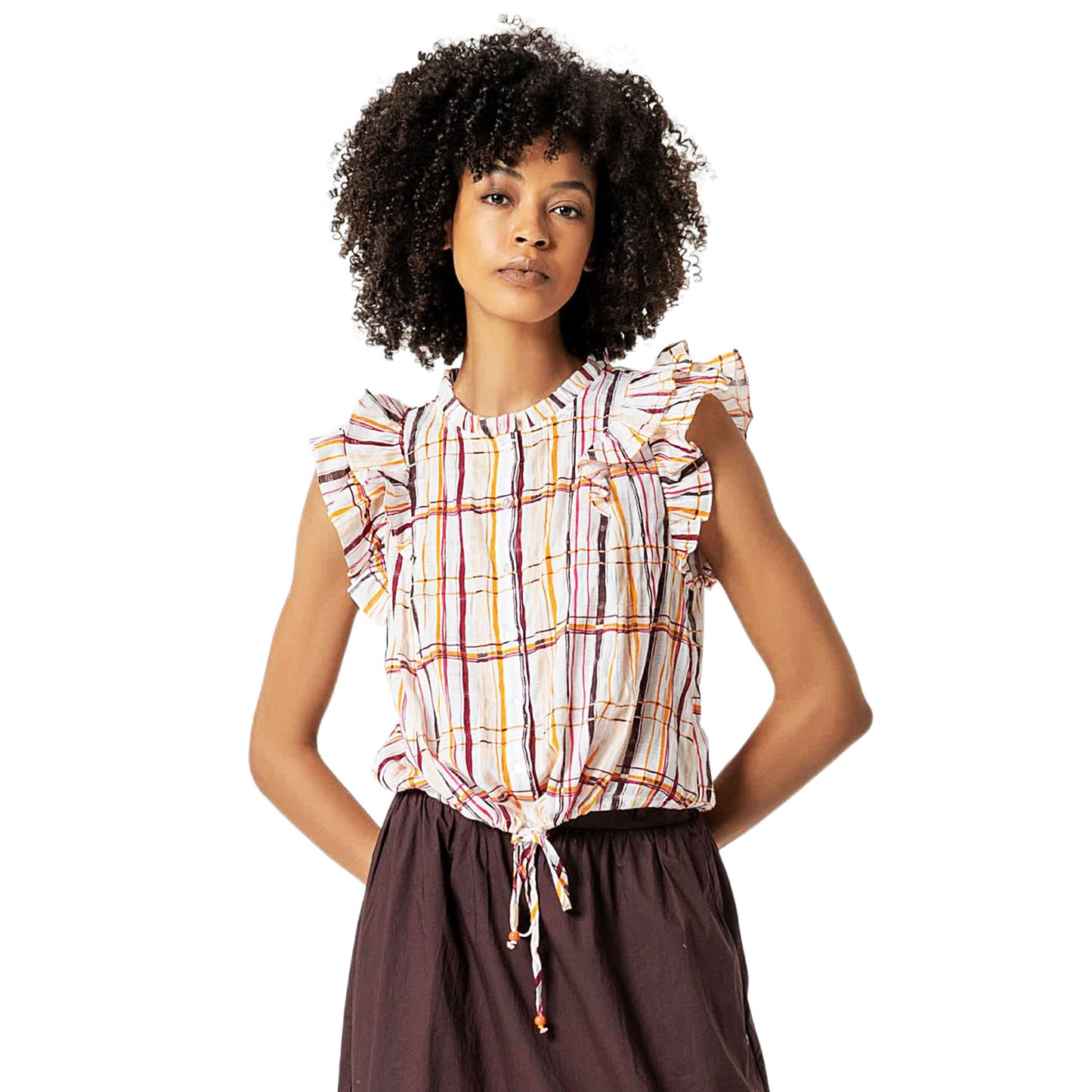 SURKANA - Blusa cotone manica corta, con volant e coulisse