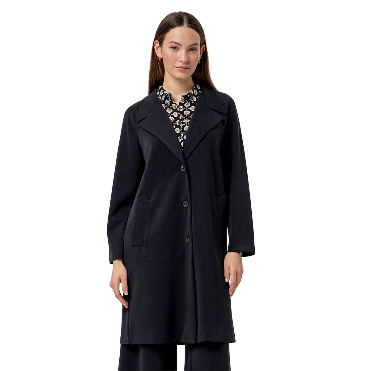 SURKANA Redingote Lunga in Maglia con Revers Nera