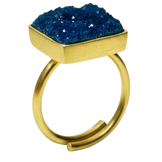 SURKANA Anello regolabile con pietra drusa blu quadrata