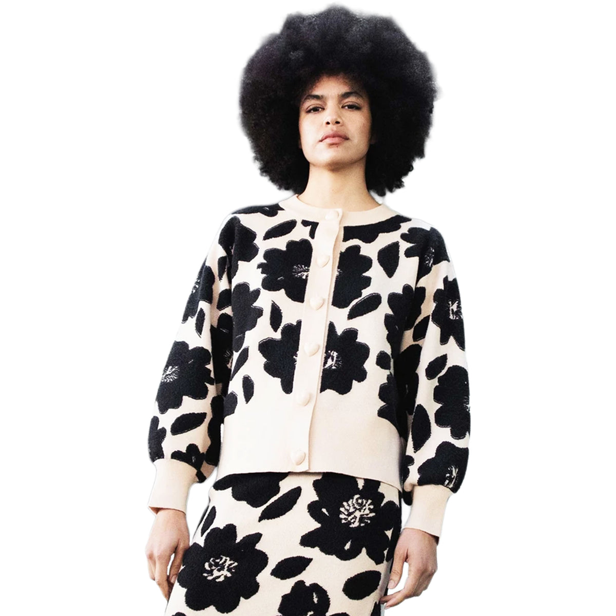 PEPALOVES Cardigan Floreale Jacquard Beige e Nero