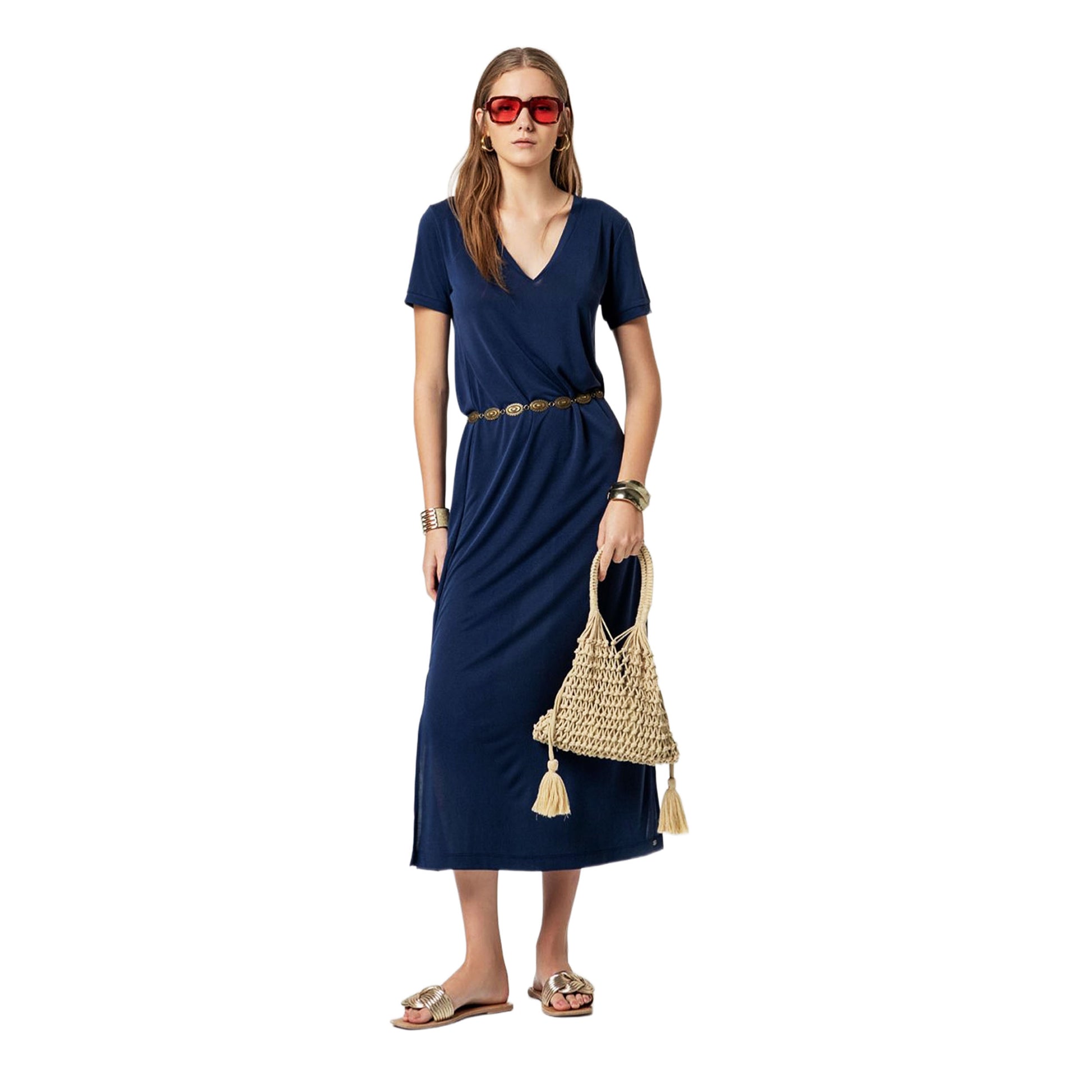 SURKANA Abito Lungo con Spacco e Scollo a V Blu-SURKANA-VIALESCARPE