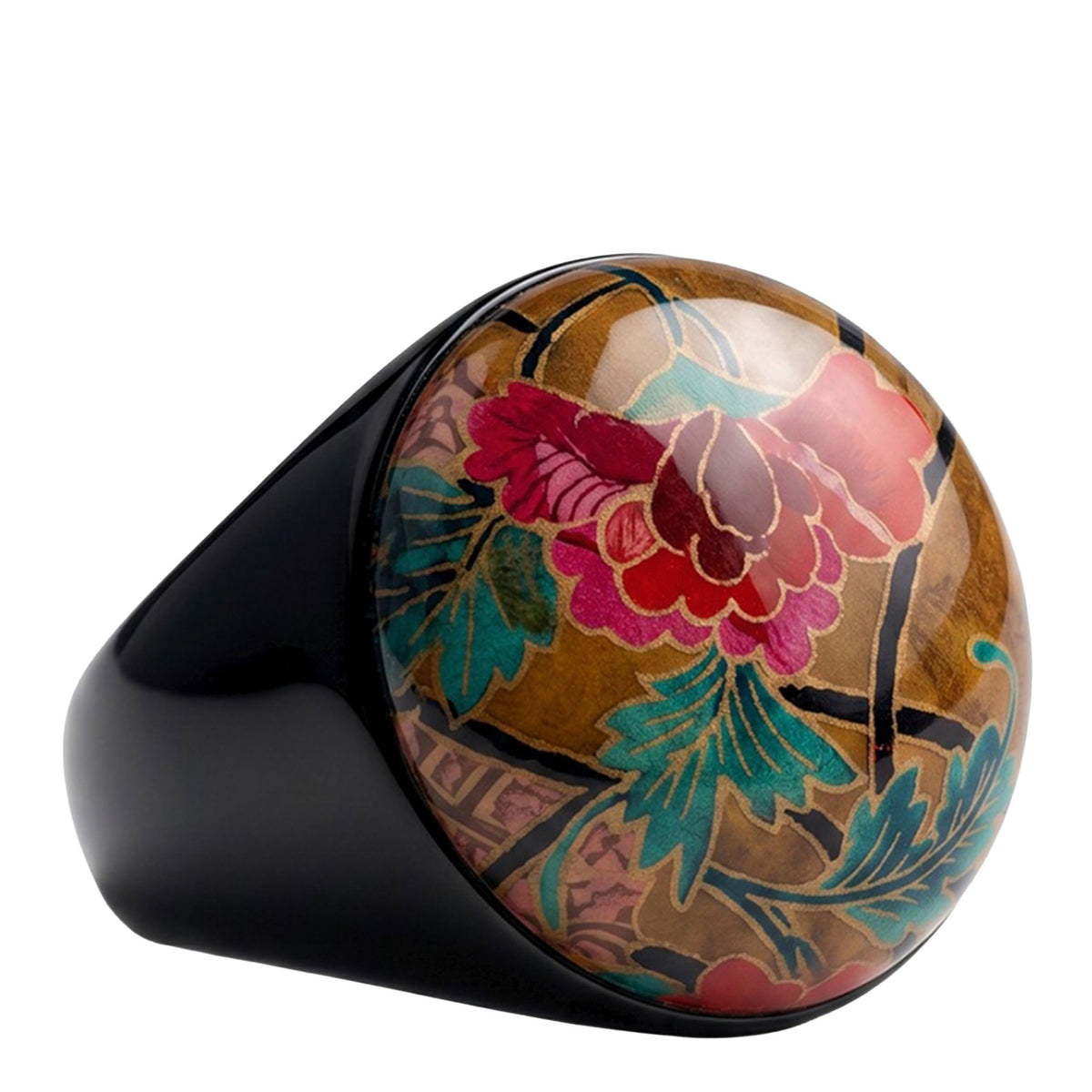 SURKANA Anello CAPE in legno nero e resina con stampa floreale multicolor
