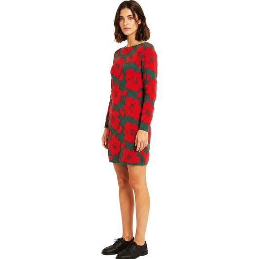 PEPALOVES Abito in Maglia Jacquard Floreale Verde e Rosso