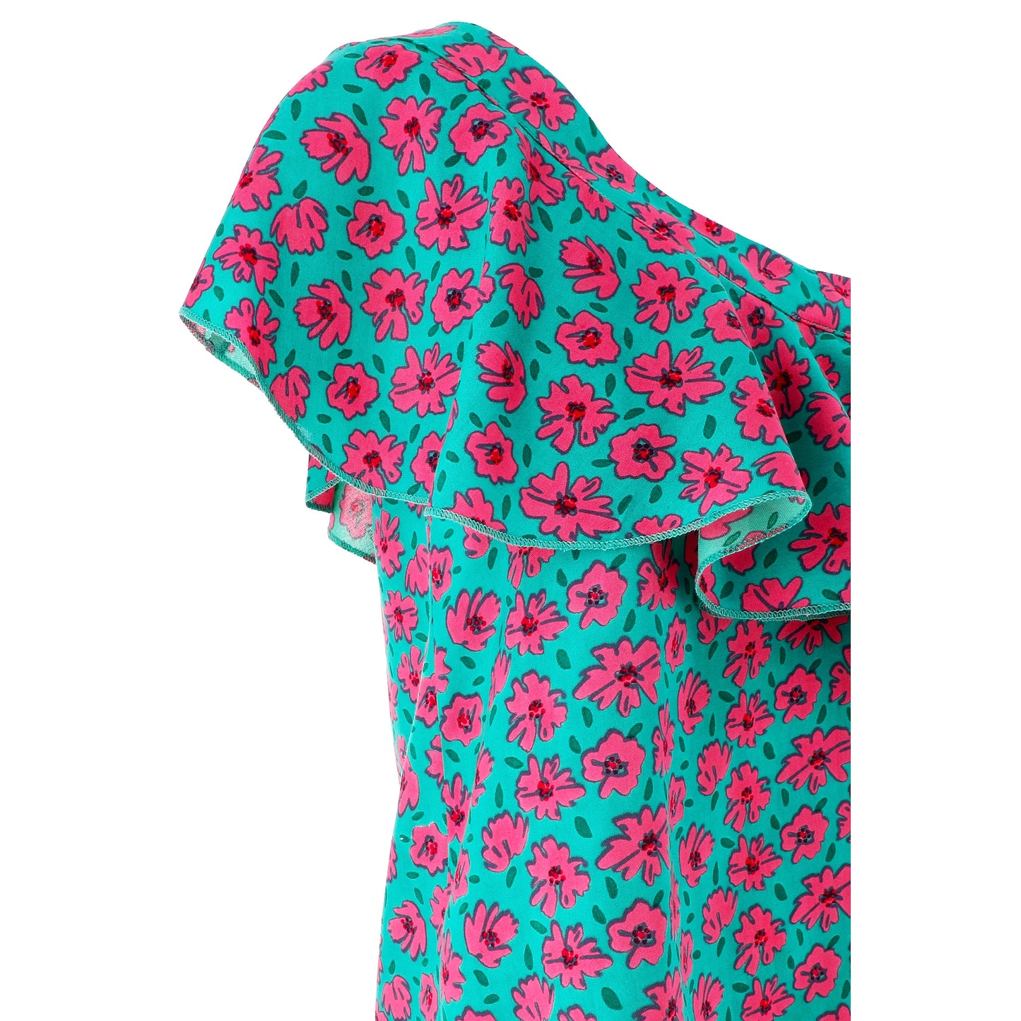 Top Donna KARAKORUM Cosima Fucsia e Turchese Floreale Monospalla con Volant