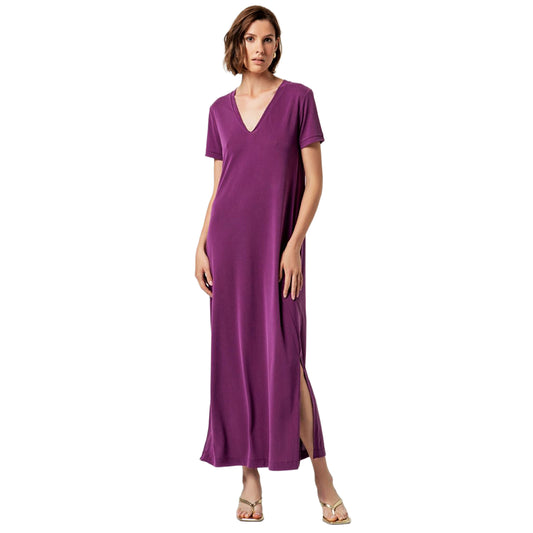 SURKANA Abito Lungo con Spacco e Scollo a V Porpora