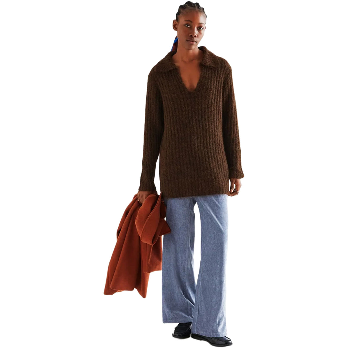 COMPAÑÍA FANTÁSTICA Maglione a righe marroni con scollo a V