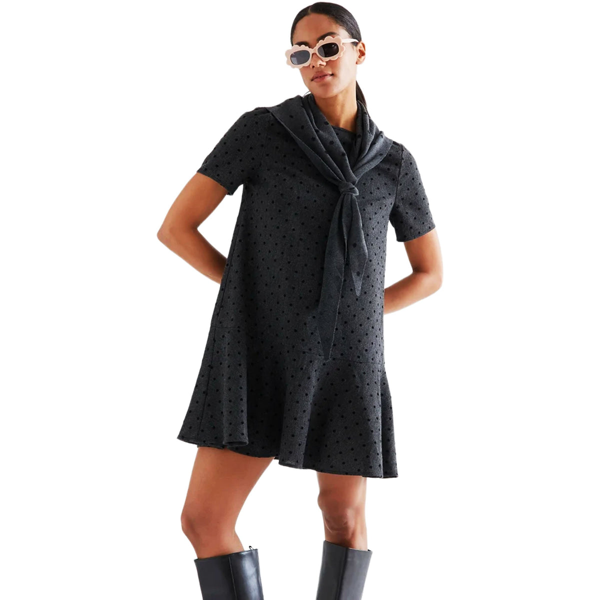 COMPAÑÍA FANTÁSTICA Abito corto in tweed grigio a pois neri