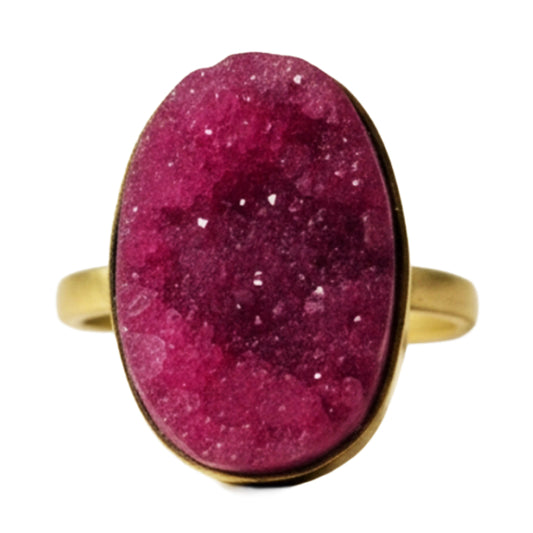 SURKANA Anello regolabile con pietra drusa fucsia ovale