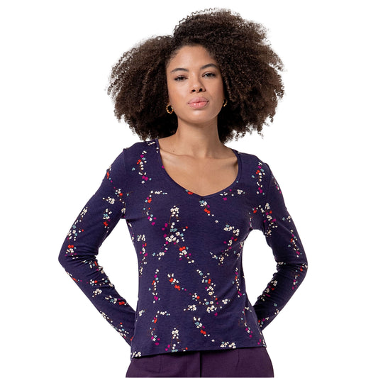 SURKANA T-shirt Scollo a V a Fiori Porpora