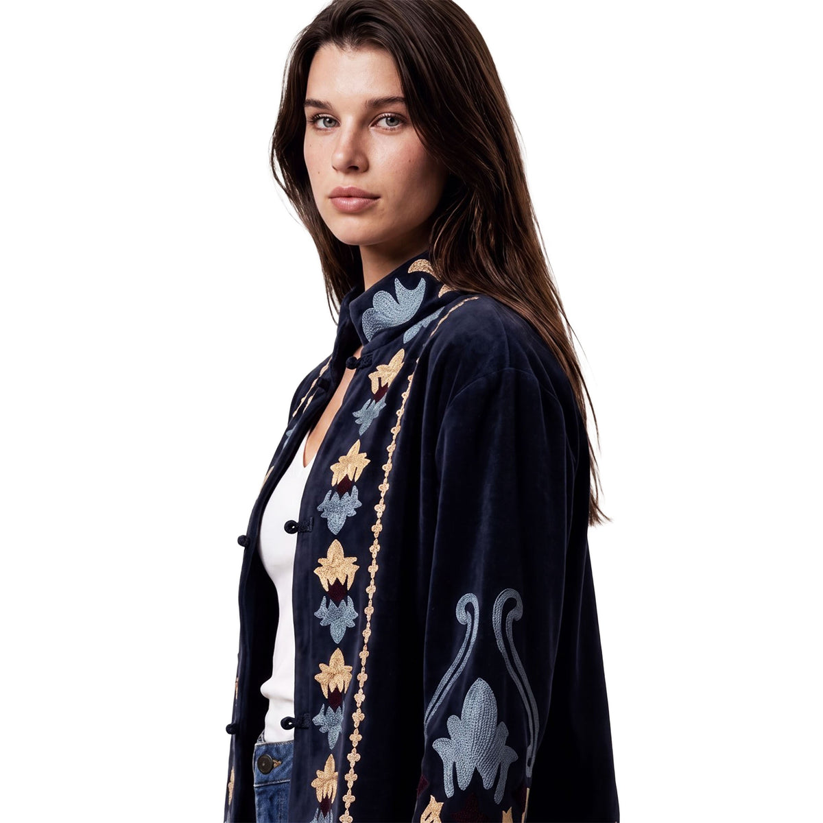 SURKANA Giacca Mandarin in velluto blu con ricami beige e azzurri