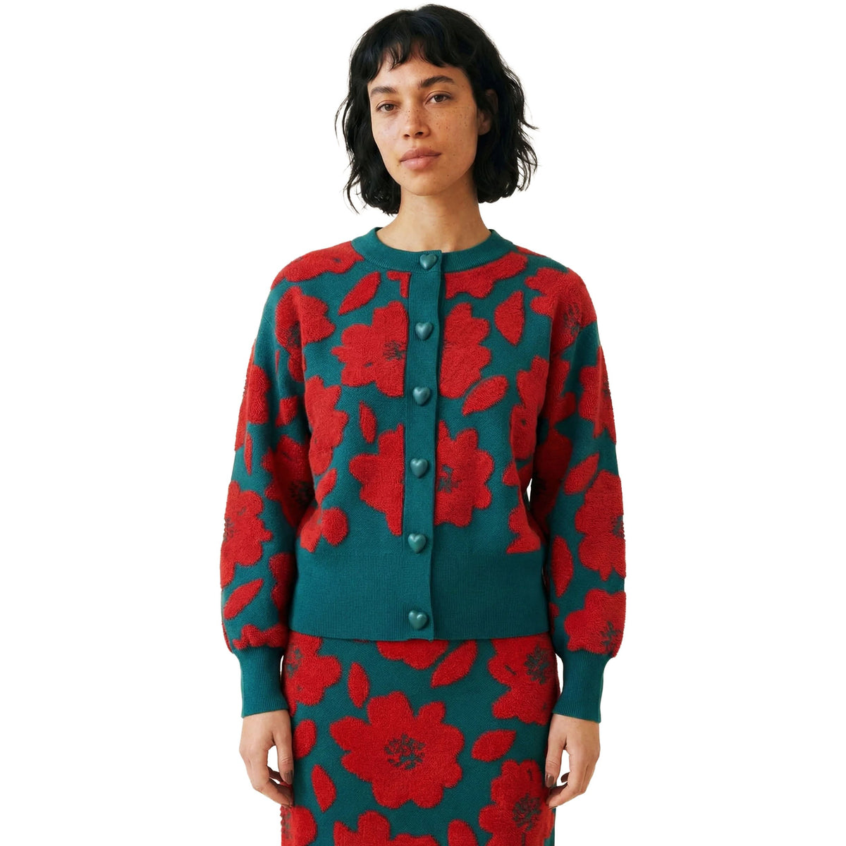 PEPALOVES Cardigan Rebeca Floral Verde e Rosso