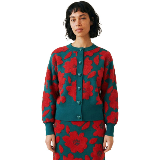 PEPALOVES Cardigan Rebeca Floral Verde e Rosso