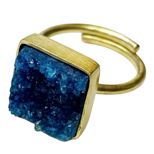 SURKANA Anello regolabile con pietra drusa blu quadrata