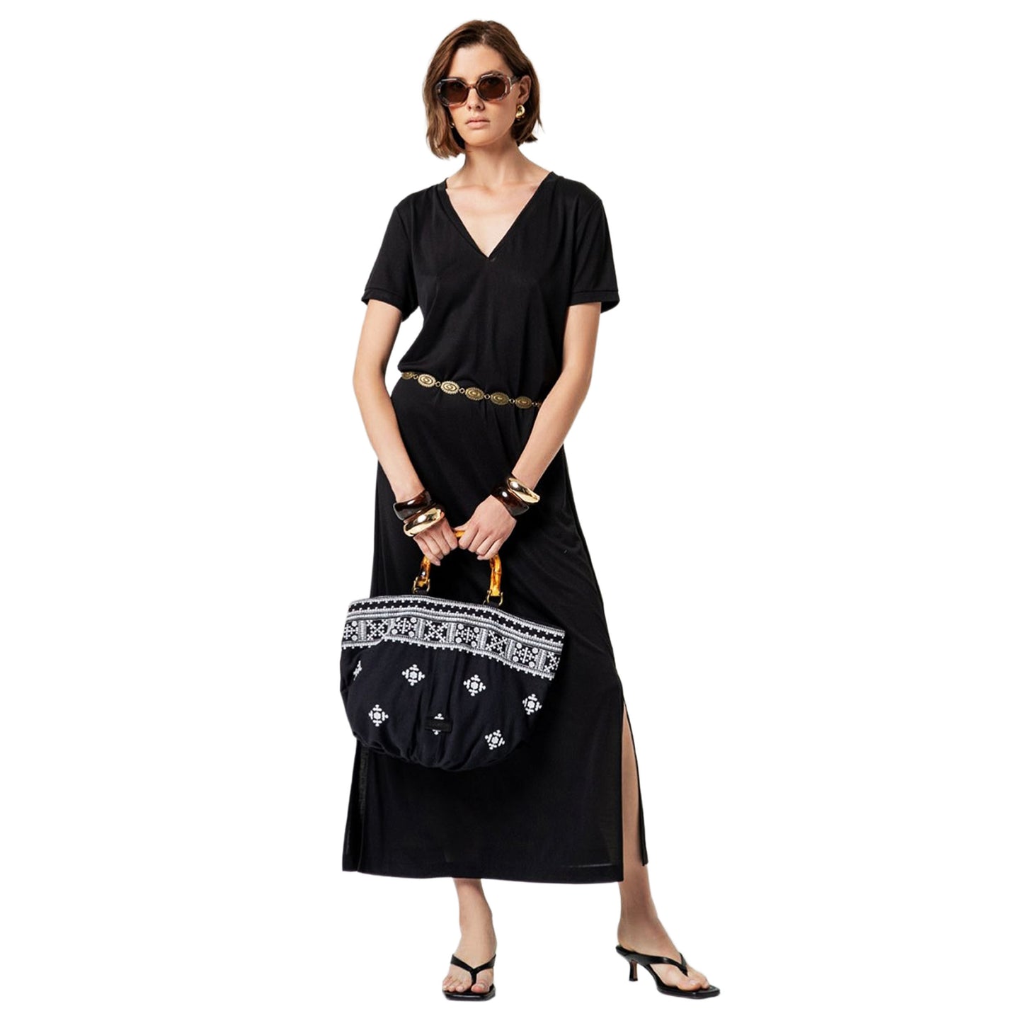 SURKANA Abito Lungo con Spacco e Scollo a V Nero-SURKANA-VIALESCARPE