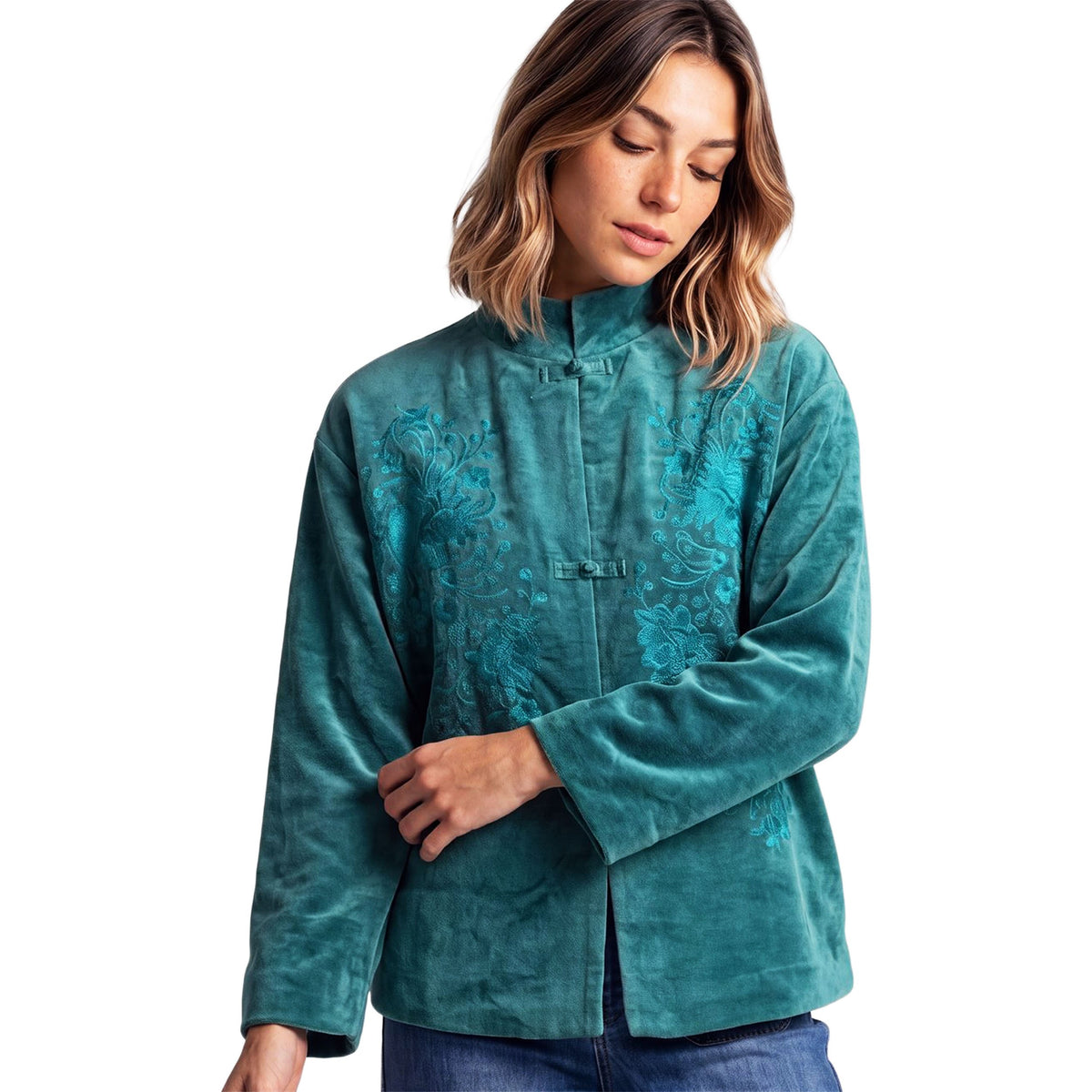 SURKANA Giacca Mandarin in velluto smeraldo con ricami tono su tono