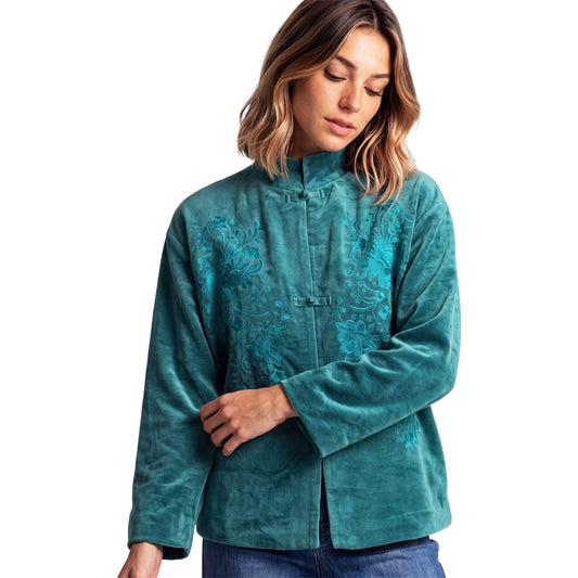 SURKANA Giacca Mandarin in velluto smeraldo con ricami tono su tono