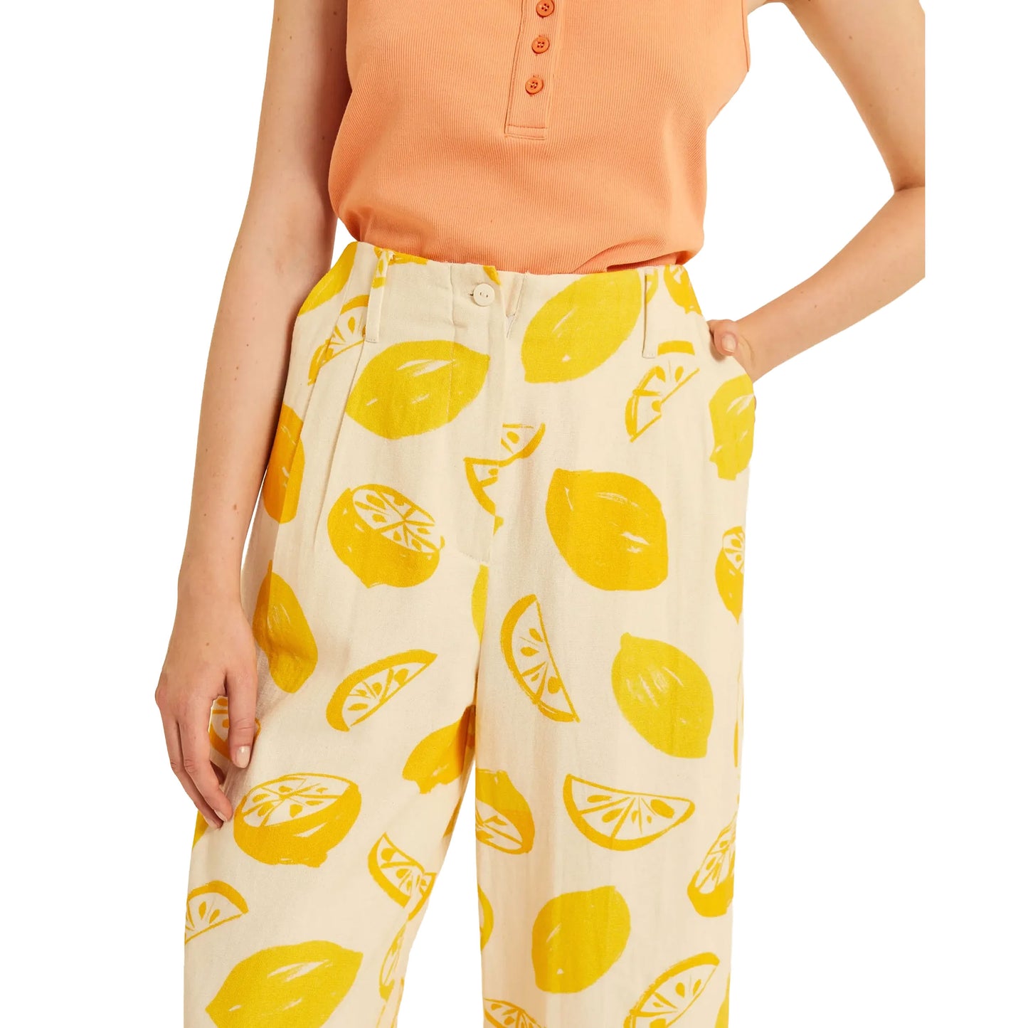 PEPALOVES Pantaloni Cropped con Limoni Bianco e Giallo