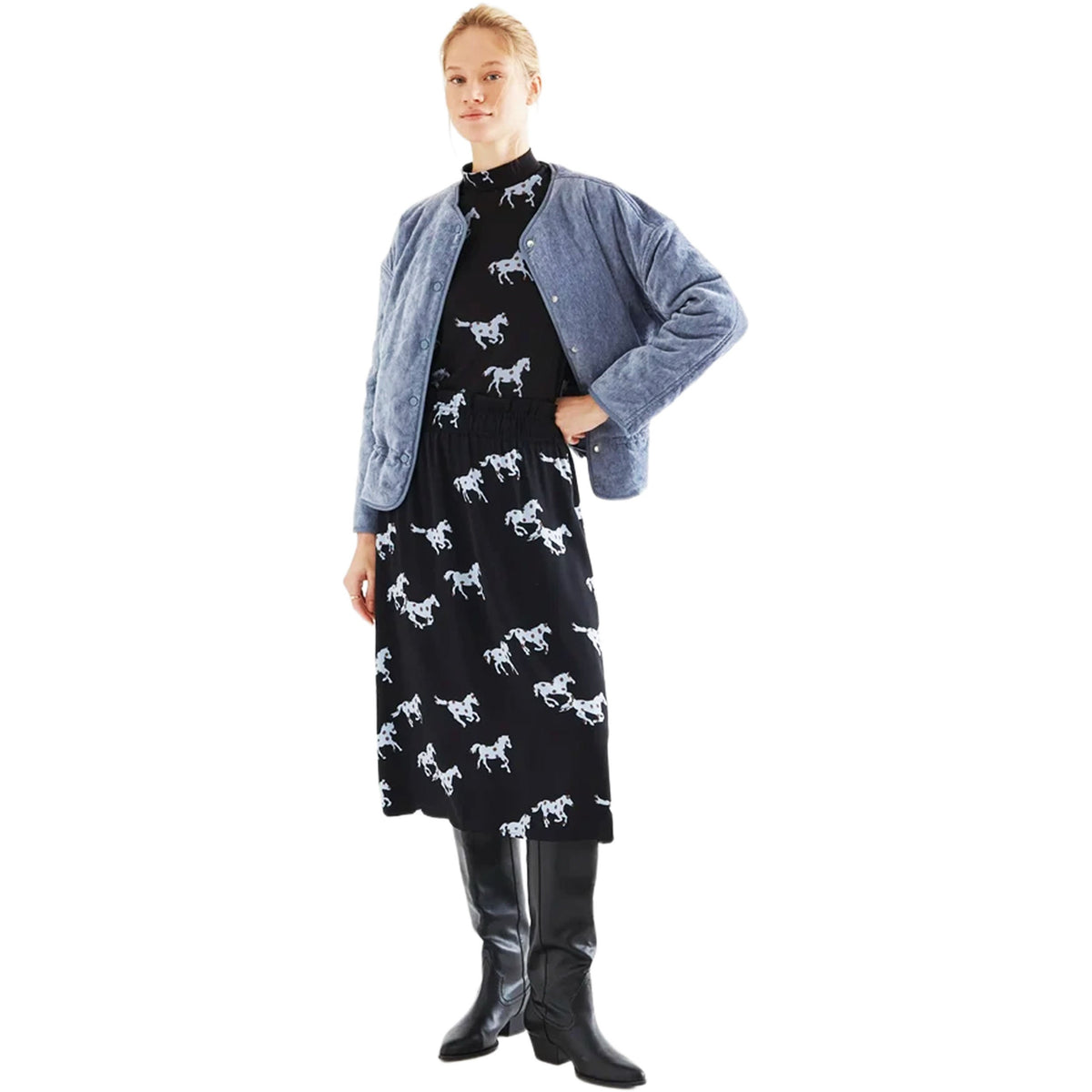 COMPAÑÍA FANTÁSTICA Maglia nera con stampa Horse azzurro