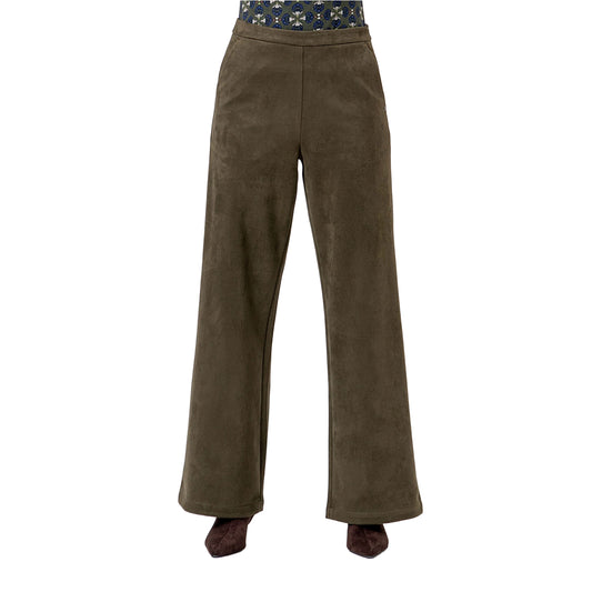 SURKANA Pantalone Wide Leg Effetto Suede Kaki Scuro-SURKANA-VIALESCARPE