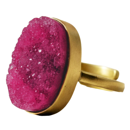 SURKANA Anello regolabile con pietra drusa fucsia ovale