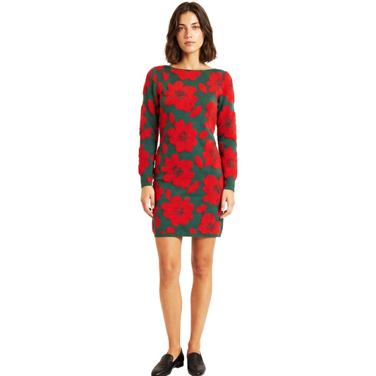 PEPALOVES Abito in Maglia Jacquard Floreale Verde e Rosso