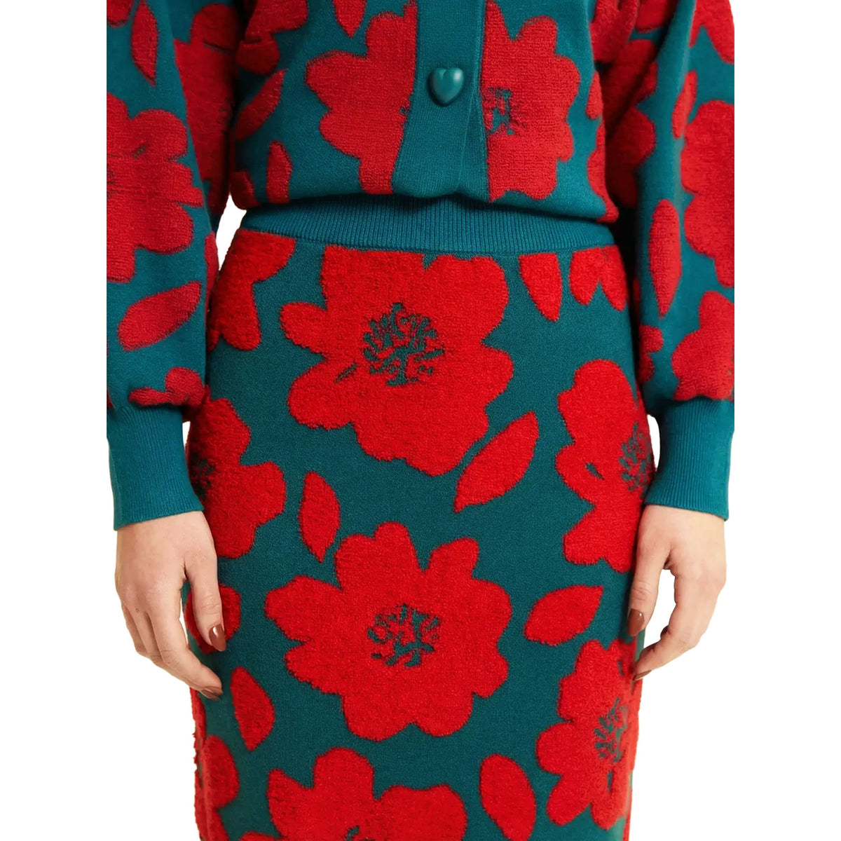 PEPALOVES Gonna in Maglia Jacquard Floreale Verde e Rosso
