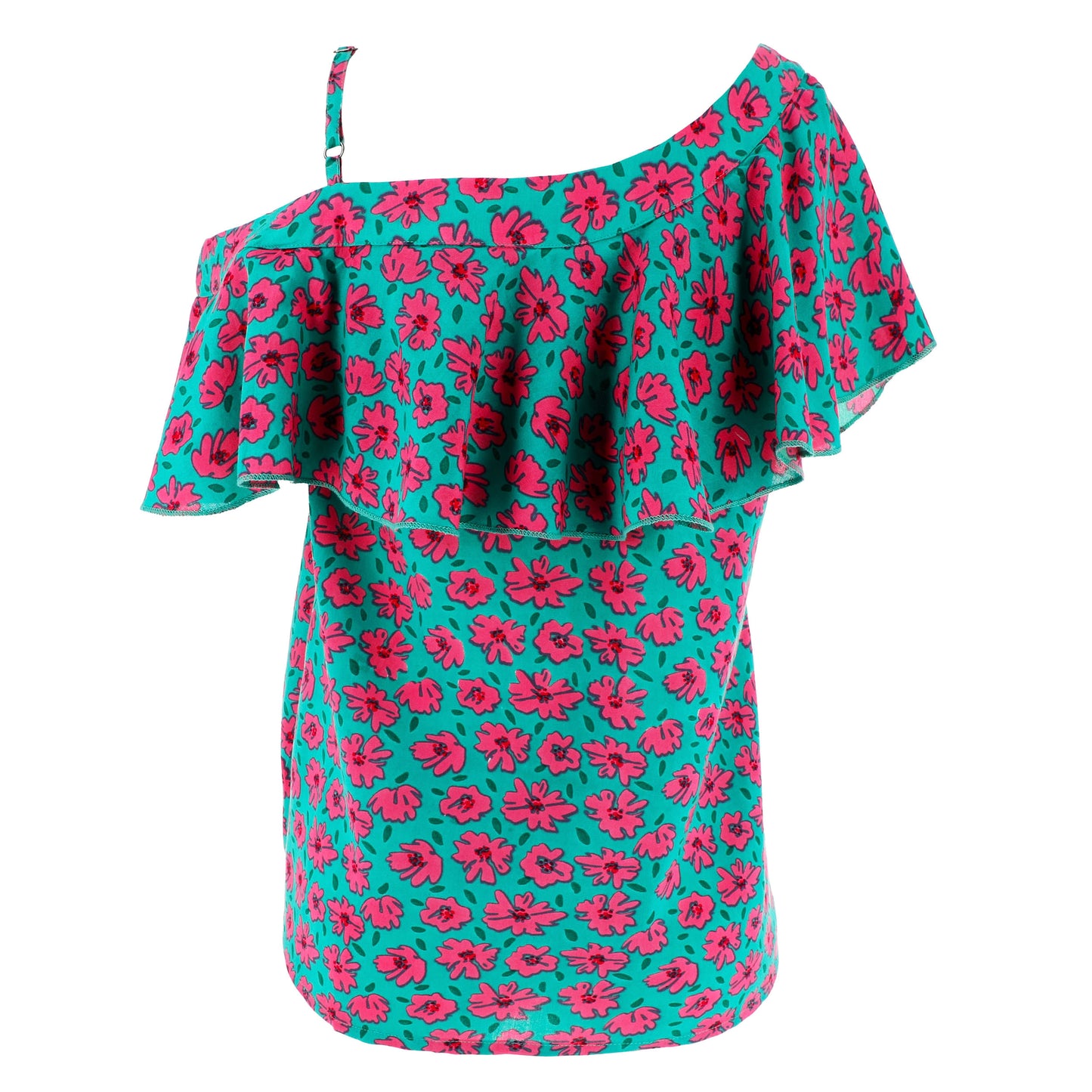 Top Donna KARAKORUM Cosima Fucsia e Turchese Floreale Monospalla con Volant