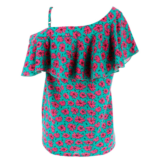 Top Donna KARAKORUM Cosima Fucsia e Turchese Floreale Monospalla con Volant