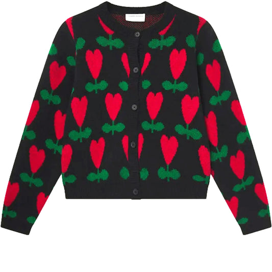 COMPAÑÍA FANTÁSTICA Cardigan nero con stampa ciclaminoCOMPAÑÍA FANTÁSTICA Cardigan nero con stampa ciclamino