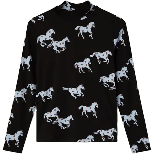 COMPAÑÍA FANTÁSTICA Maglia nera con stampa Horse azzurro