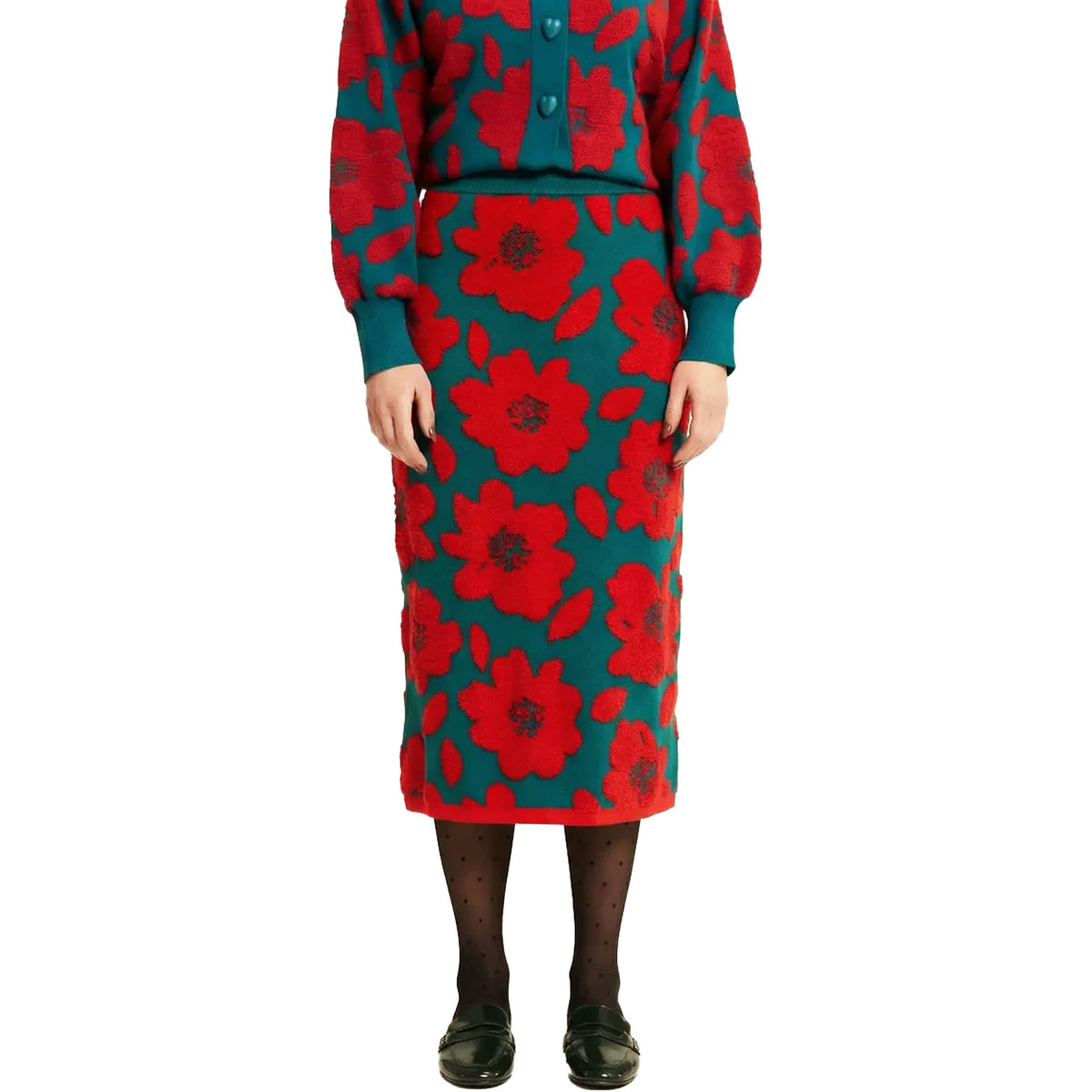 PEPALOVES Gonna in Maglia Jacquard Floreale Verde e Rosso