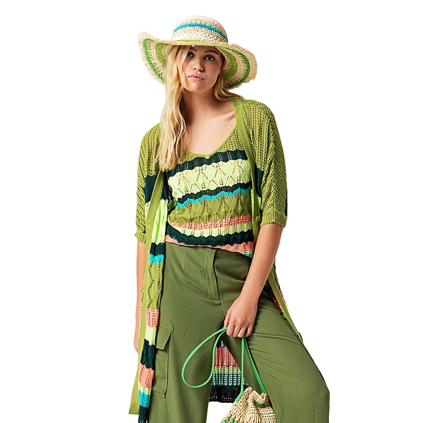 Cappello Estivo SURKANA in Rafia di Carta Intrecciata Beige Verde e Turchese