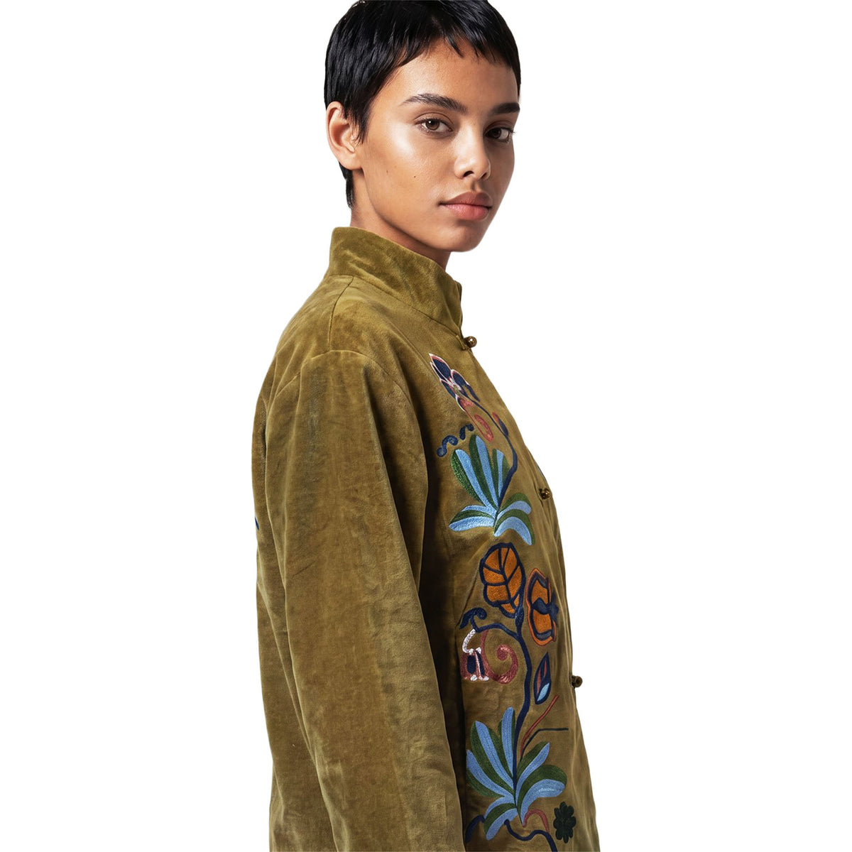 SURKANA Giacca Mandarin in velluto verde oliva con ricami multicolore