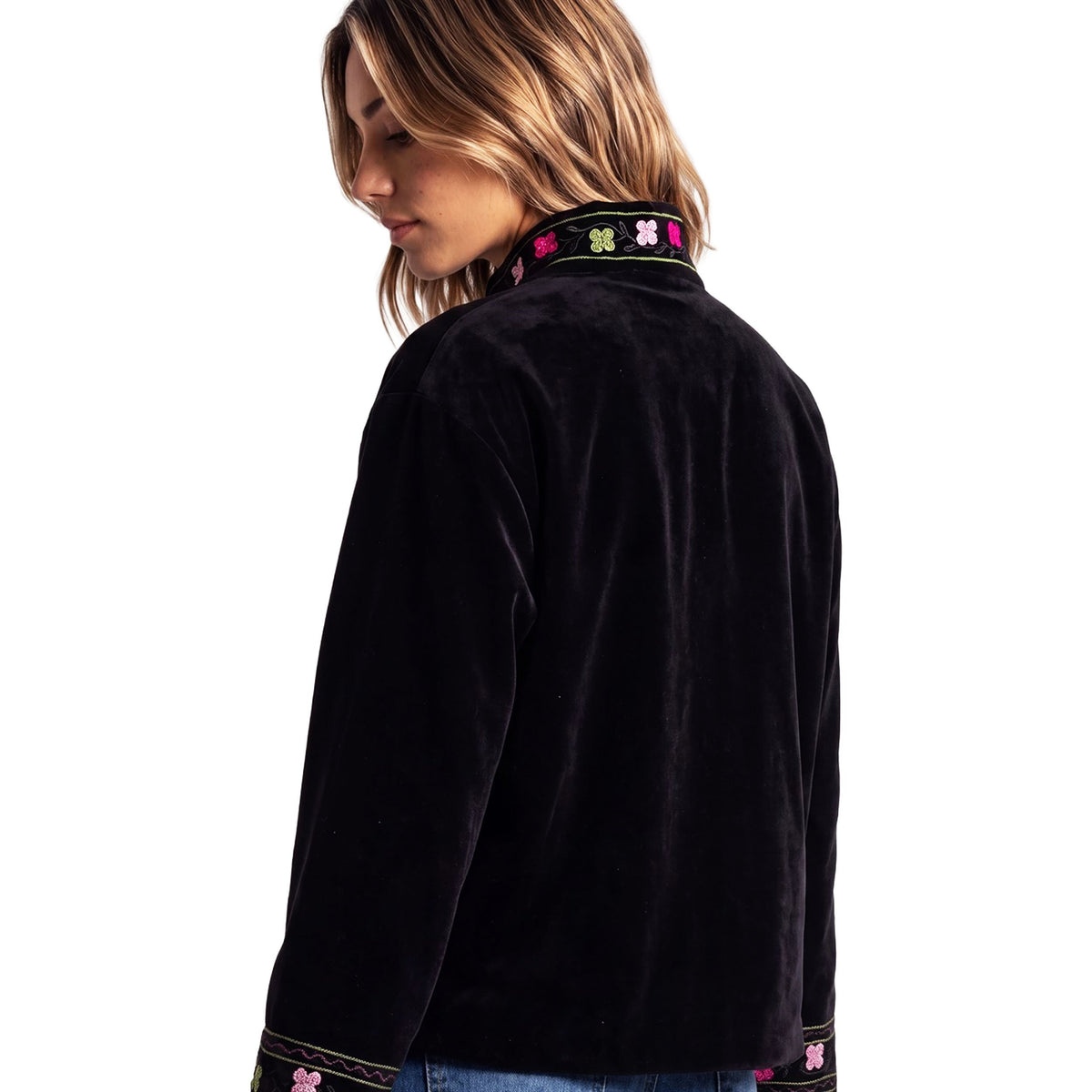 SURKANA Giacca Mandarin in velluto nero con ricami multicolore