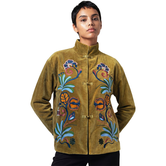 SURKANA Giacca Mandarin in velluto verde oliva con ricami multicolore