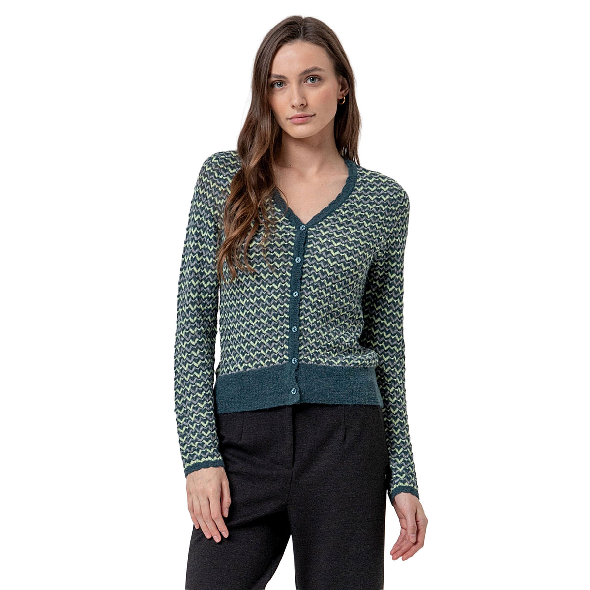 SURKANA Cardigan Scollo a V Zigzag Verde Bottiglia