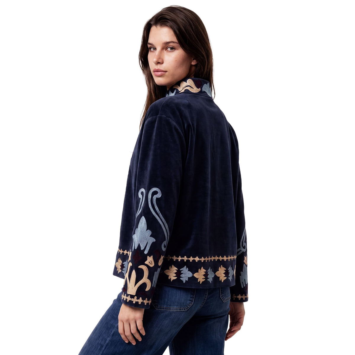 SURKANA Giacca Mandarin in velluto blu con ricami beige e azzurri